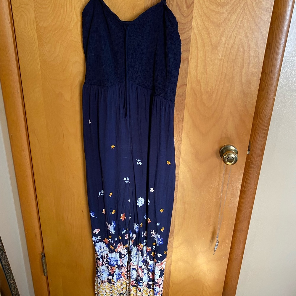 Navy spaghetti strap smocked jumpsuit